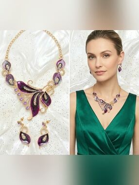 Gold plated purple crystal peacock feather necklace earrings set